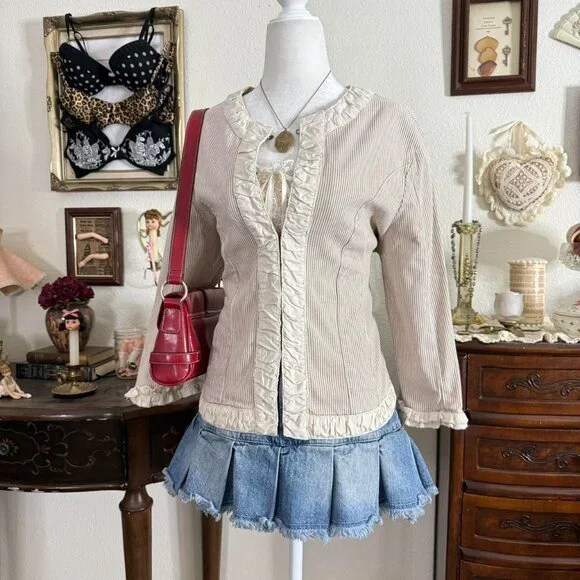 y2k girly grunge preppy twee brown and cream ruffled pinstripe jacket w hook and - Picture 2 of 5